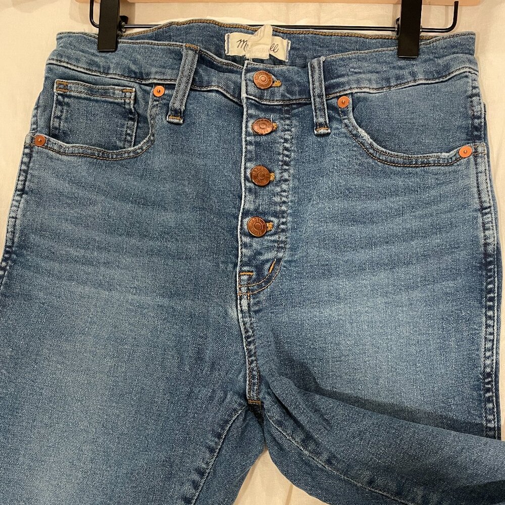 Madewell Button Up Skinny Jeans with Frayed Cuffs, 28